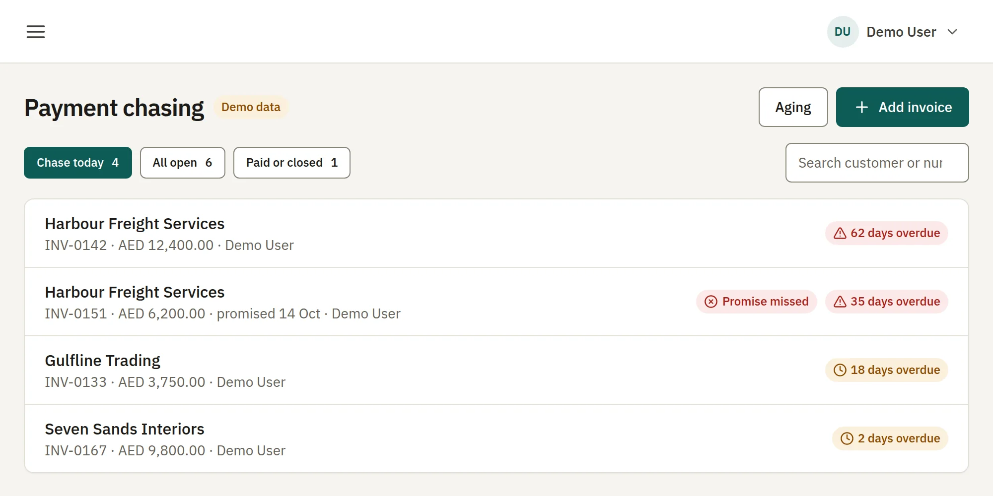Payment chasing: overdue invoices, how many days late, and a promise-missed flag